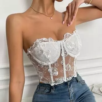 Без бретелек топ с 3D-цветком укороченный топ женский летний стальной кольцевой топ однотонный лифчик-труба женский без рукавов укороченный жилет Y2K ClothesF S белый