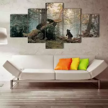 Без рамы, 5 панелей, черные медведи, играющие на упавших сломанных деревьях, холст, постеры, настенные художественные картины для гостиной, домашний декор 20x35cm*2 20x45cm*2 20x55cm*1