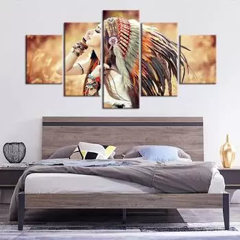 Без рамы, 5 панелей, родные индийские цветные перья, холст для девочек, HD печатные постеры, настенные художественные фотографии, HD картины, домашний декор для комнаты 20x35cm*2 20x45cm*2 20x55cm*1