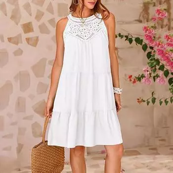 Без рукавов А-силуэта Полое кружевное летнее платье Женское Свободное элегантное повседневное короткое платье с круглым вырезом Женские однотонные вечерние платья с рюшами Одежда 1041 S синий