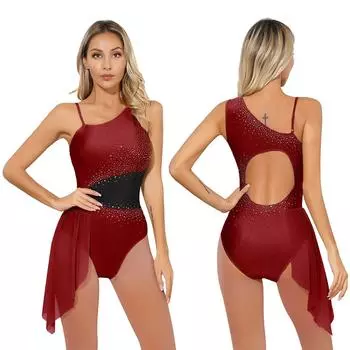 Без рукавов балетная гимнастика йога спортивная спортивная одежда комбинезон боди фигурное катание танцевальный костюм блестящее платье M бордовый