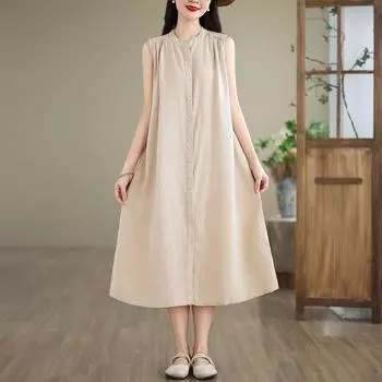 Без рукавов, большие размеры, хлопковое льняное винтажное новое платье для женщин, повседневное свободное длинное летнее платье-рубашка