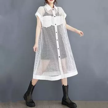 Без рукавов, большие размеры, сетчатое сексуальное ажурное перспективное новое платье для женщин, повседневное свободное свободное платье миди, длинное летнее платье-рубашка