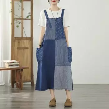 Без рукавов на бретельках Большие размеры джинсовая ткань в стиле пэчворк, новые платья для женщин, повседневное свободное длинное летнее платье M
