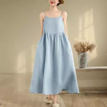Без рукавов на бретельках Большие размеры хлопок винтажные новые платья для женщин повседневное свободное длинное летнее платье M светло-синий