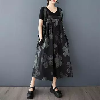 Без рукавов на бретельках Плюс размер Черный винтажный цветочный новый в платьях для женщин повседневное свободное длинное весенне-летнее платье