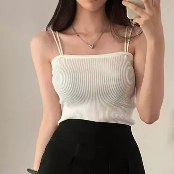 Без рукавов, однотонные, облегающие, слинговые, вязаные жилеты, топы для женщин, модные, элегантные, винтажные, майки, женская повседневная летняя верхняя одежда, майки 24990 One Size белый