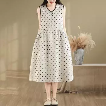 Без рукавов Плюс размер хлопок лен винтажный горошек новые платья для женщин повседневное свободное длинное летнее платье