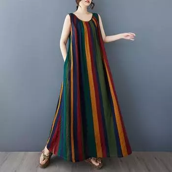 Без рукавов Плюс размер Хлопок винтажная полосатый цветочный новинка платья для женщин повседневное свободное длинное летнее платье L