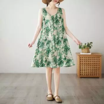 Без рукавов Плюс размер Хлопок винтажный цветочный новый в платьях для женщин повседневный свободный миди летнее платье M