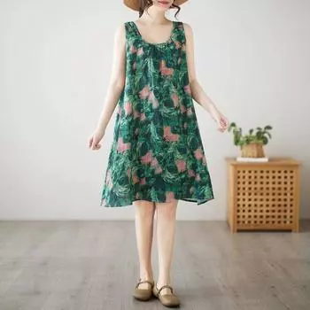 Без рукавов Плюс размер Хлопок винтажный цветочный новый в платьях для женщин повседневный свободный миди летнее платье M