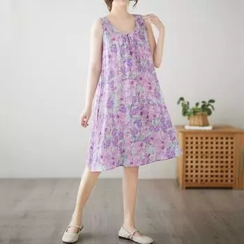 Без рукавов Плюс размер Хлопок винтажный цветочный новый в платьях для женщин повседневный свободный миди летнее платье M