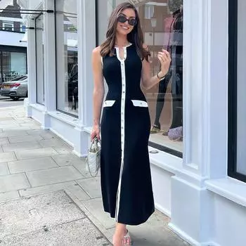 Без рукавов Темпераментное женское вечернее элегантное платье Повседневное платье с высокой талией Длинные платья средней длины Женское отпускное модное трикотажное платье Женское езда на работу S абрикосовый