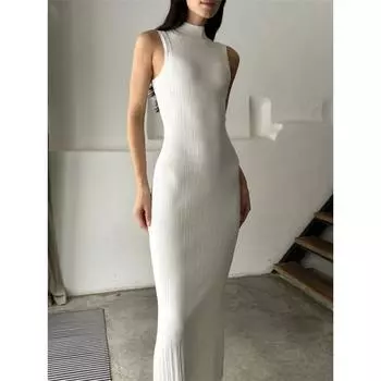 Без рукавов трикотаж водолазка длинное платье женское тонкое элегантное модное ребристое трикотажное платье для женщин макси платье S белый