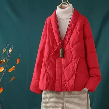 Без воротника диагональная вышивка вниз ретро перекрещивающийся воротник пух ромб решетка белый утиный пух зимняя одежда M чёрный