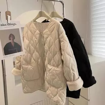 Без воротника из овечьей шерсти, легкое зимнее хлопковое пальто в корейском стиле, свободное маленькое ароматное ромбовидное теплое маленькое хлопковое пальто для женщин S белый