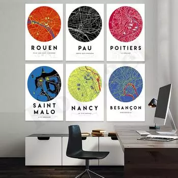 Безансон Нанси Сен-Мало Пуатье По Руан. Карта города. Художественный постер для домашнего декора стен 21cm30cm NoFrame