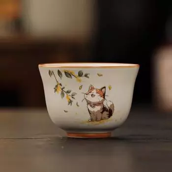 Бежевая чашка для чая печи Жу, милая милая чашка для чая с кошкой, чашка мастера, личная чашка для чая для девушек, чайная пиала, керамическая чашка для чая Fortune cat double full