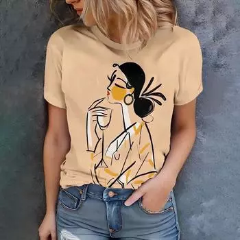 Бежевая футболка, принт мультяшной девочки, игривое искусство, летний повседневный дизайн, круглый вырез, короткий рукав 2XS