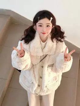 Бежевая куртка из овечьей шерсти Xiaoxiangfeng, женская зимняя, японский дизайн сращивания, утепленный свободный верх из хлопка S