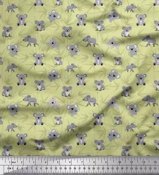 Бежевая полиэфирная креповая ткань Soimoi с плюшевым мишкой и листьями, детская ткань с принтом, 1 метр, 42 дюйма 42 Inch Wide - Poly Crepe бежевый