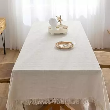Бежевая скатерть из хлопка и льна для декора квадратного стола, скатерти из мешковины с кисточками для кухни, обеда, пикника, свадьбы, вечеринки 90x150cm слоновая кость