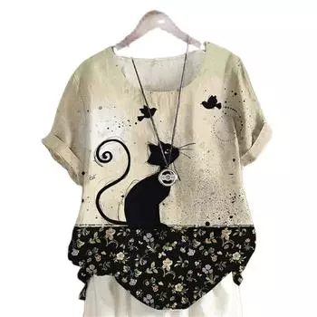 Бежевая забавная женская футболка с рисунком кота Y2k, базовая футболка, элегантная, винтажная, элегантная, повседневная, с длинным рукавом, женская удобная футболка S