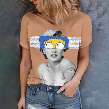Бежевая женская повседневная футболка с рисунком в виде мультяшного персонажа - уличный повседневный стиль, летний круглый вырез, короткий рукав S