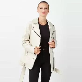 Бежевое женское пальто из натуральной кожи оверсайз