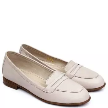 Бежевые антикварные женские лоферы на плоской подошве из натуральной кожи с круглым носком на плоской подошве