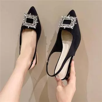 Бежевые босоножки на каблуке, прозрачные туфли, женские черные туфли со стразами, средние заостренные закрытые новые весенние гладиаторы для девочек 39 чёрный