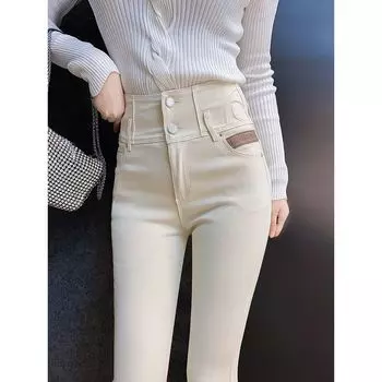 Бежевые флисовые леггинсы-карандаш в европейском и американском стиле в корейском стиле Rice White(Mi Bai [Not Fleece-lined]]) S