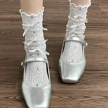 Бежевые кружевные носки с бантом и цветочным узором - весна/лето в стиле JK Lolita One Size белый