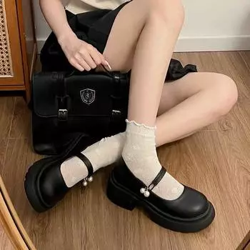 Бежевые ретро туфли Мэри Джейн женские сто с неглубоким носком одинарные туфли с круглым носком, увеличивающие высоту туфель на толстой подошве 35 чёрный