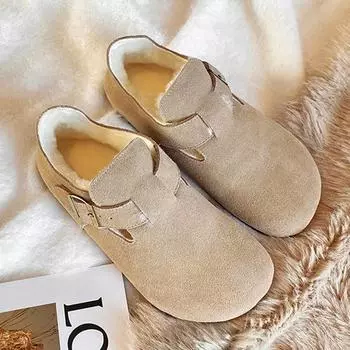 Бежевые туфли Bokken, мягкие, утолщенные снаружи, меховые внутри, увеличивают рост, удобные, кожаные, из коровьей замши, теплые, зимние, из хлопка 35
