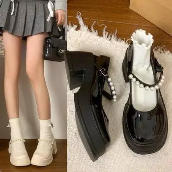 Бежевые туфли Мэри Джейн модные и удобные женские летние туфли на высоком каблуке с толстым жемчужным каблуком Одинарные туфли 35 чёрный