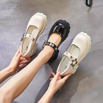 Бежевые туфли Мэри Джейн на французской платформе, летние кожаные туфли, женская юбка, однотонные туфли с пряжкой в одно слово 35 бежевый