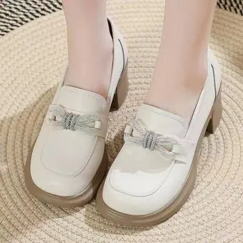 Бежевые туфли с широким носком на толстом каблуке и мягкой подошвой, модные женские туфли из мягкой кожи на толстой подошве и среднем каблуке, маленькие кожаные туфли 35 чёрный