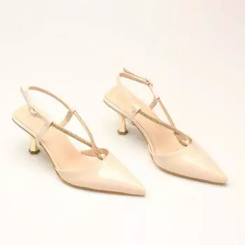 Бежевые женские классические туфли на каблуке из лакированной кожи с камнем