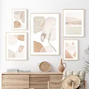 Бежевый Абстрактные Геометрические Фигуры Настенная Живопись Холст Картина Бохо Акварель Скандинавские Плакаты Печать Настенные Картины Декор Гостиной 21x30cm No Framed