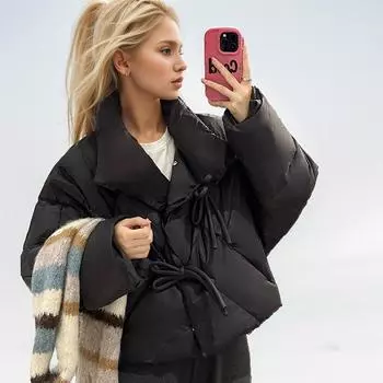 Бежевый бант короткий пуховик хлопок одежда женская зимняя маленькая корейская одежда из хлеба куртка женская S белый