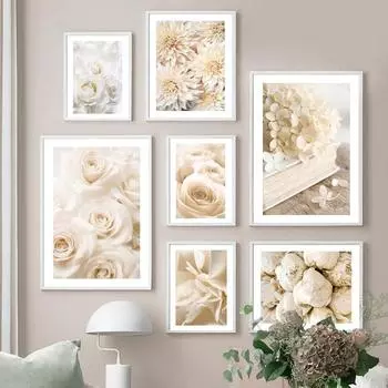 Бежевый Белый Пион Роза Цветок Тростник Скандинавские Плакаты И Принты Холст Картина Настенные Картины Для Гостиной Домашний Декор 21X30cm No Frame