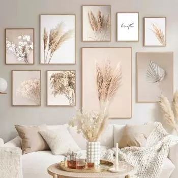 Бежевый цветок, трава, настенные художественные картины, холст, живопись, богемные постеры, принты растений для скандинавской современной гостиной, домашний декор 21X30cm No Frame