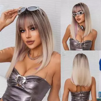 Бежевый длинный парик с полной головой, женский натуральный бесшовный парик в стиле панк, прямые волосы с челкой Ци 48cm
