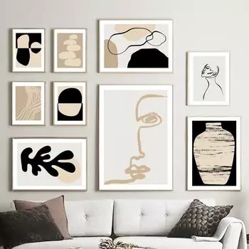 Бежевый и черный абстрактные линии геометрическое лицо настенная живопись холст картины постеры на скандинавскую тему и принт Декор фотографии для гостиной A4 21X30cm No Framed