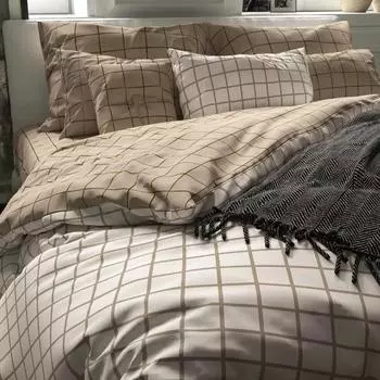 Бежевый комплект двойного пододеяльника в клетку из хлопка