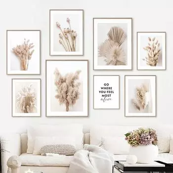 Бежевый кролик хвост трава тростник цветок лист скандинавские постеры и принты холст картины настенные художественные картины гостиная домашний декор 21X30cm No Frame