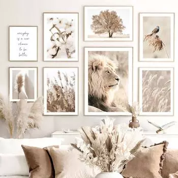 Бежевый луговой пейзаж Лев Зебра Птица Животные Настенная живопись на холсте Плакаты на скандинавскую тему и принты Декор интерьера гостиной 21*30cm