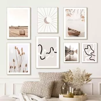 Бежевый Озерная Ферма Лодка Одуванчик Бохо Абстрактные Линии Плакаты И Принты Холст Искусство Настенное Украшение Дома Картины Для Гостиной 21x30cm No Framed