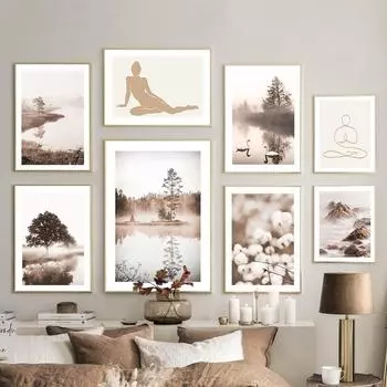 Бежевый пейзаж, озеро, горы, одуванчик, настенная живопись на холсте, постеры на скандинавскую тему и принты, настенные панно для декора гостиной 21cm30cm NoFrame